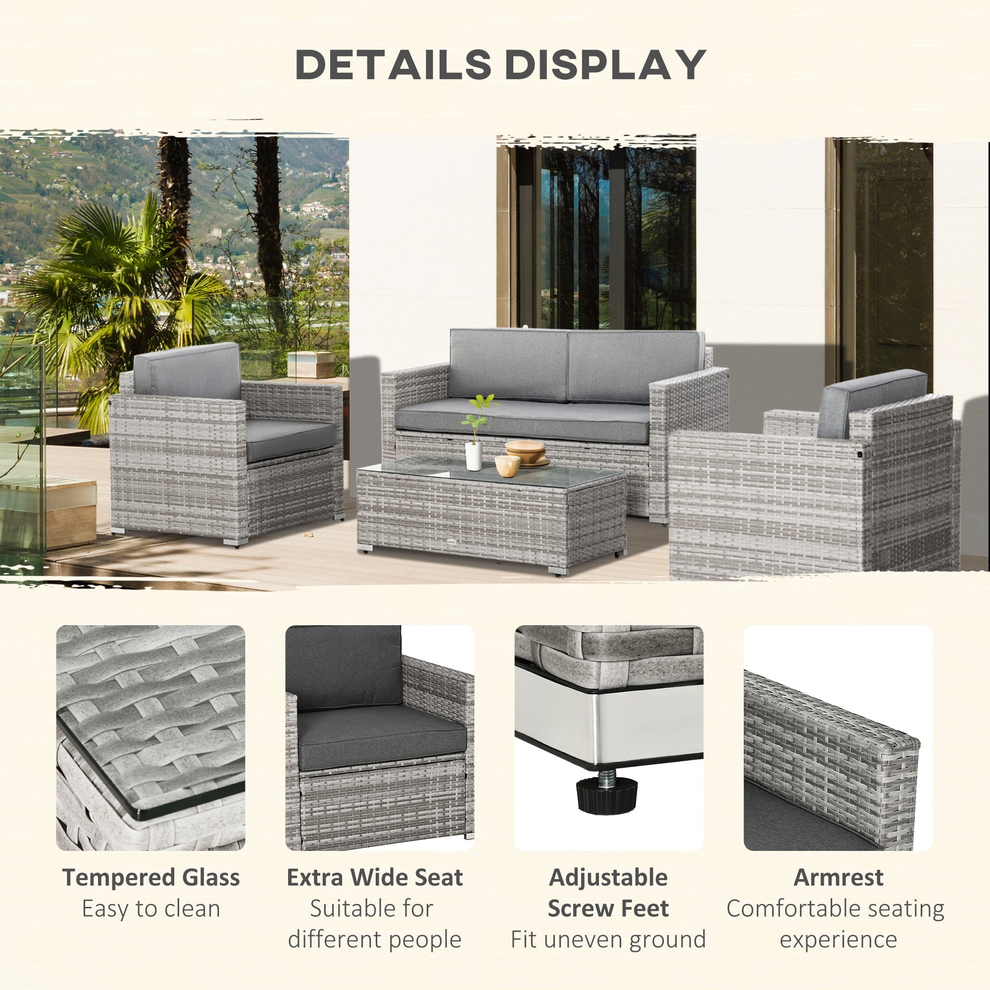 Outsunny Deluxe 4PC Outdoor Wicker Sofa Set PE Rattan Patio Furniture Extra Wide Seat Conversation Tempered Glass