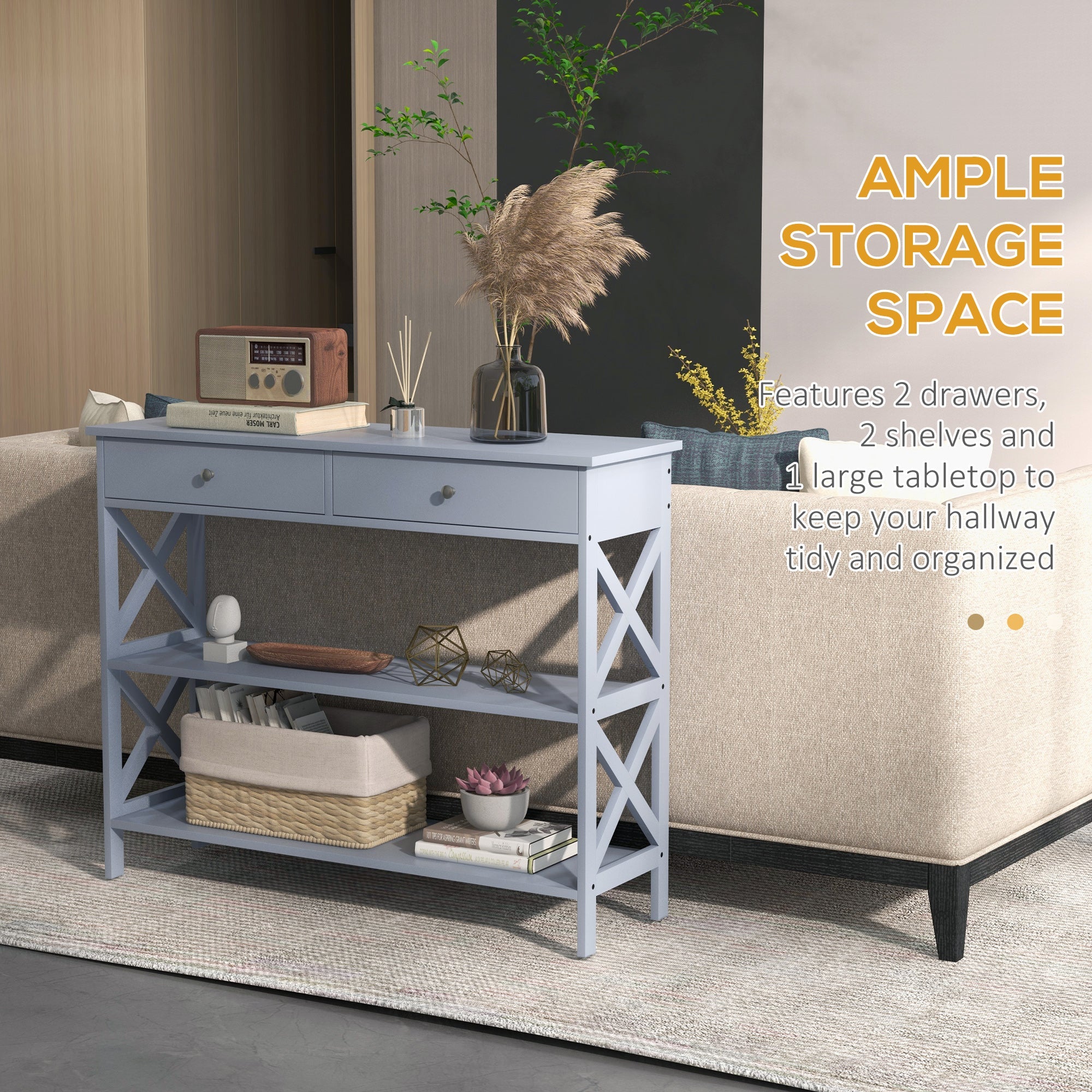 HOMCOM Modern Console Table: Entryway Table with Drawers & Shelves for Living Room/Hallway, Grey