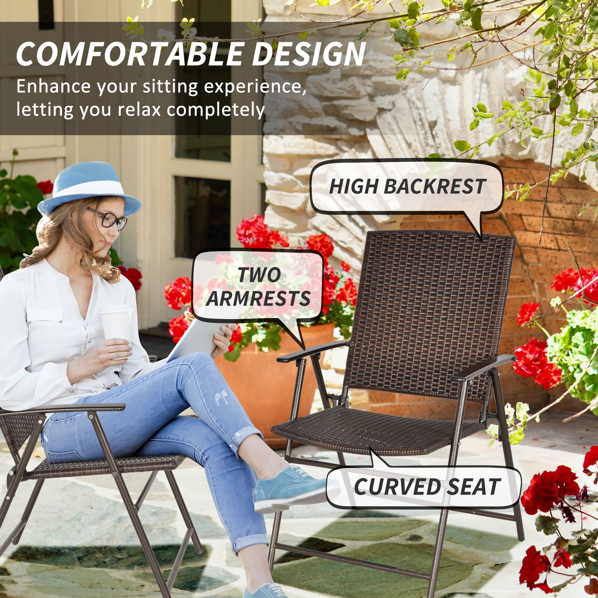 Outsunny Brown Rattan Outdoor Wicker Dining Chair Set of 2 Foldable with Steel Frame for Garden Backyard Porch