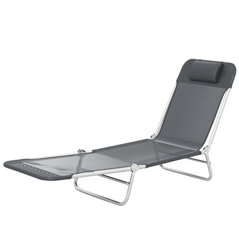 Folding Lounge Chair, Portable Tanning Chair with Adjustable Backrest, Pillow for Beach Poolside Patio, Dark Grey