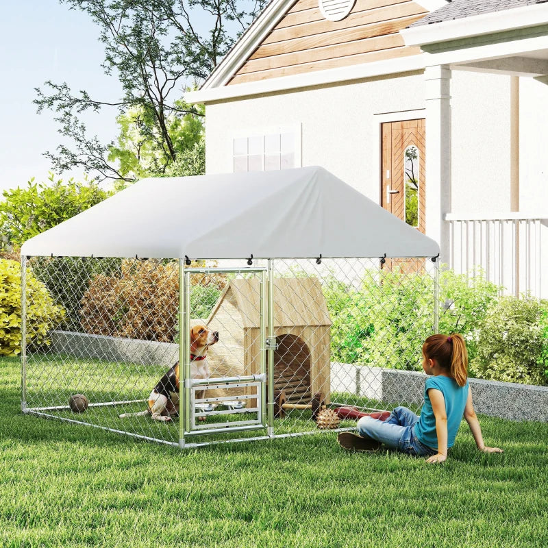 Outdoor Dog Run w/ Adjustable & Rotating Bowls, Water-Resistant UV-Resistant Cover, Secure Lock, 6.6' x 6.6' x 5.1'