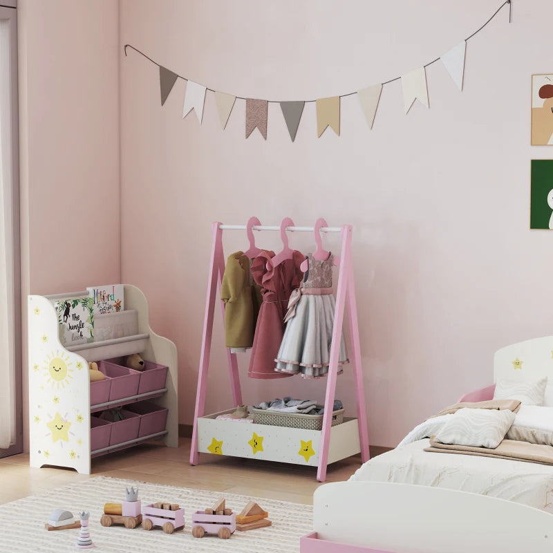 Qaba Kids Clothing Rack with Storage Shelf, Hangers, for Nursery Room, Living Room, Playroom, Pink