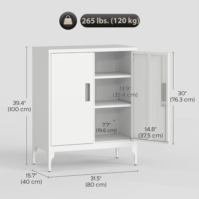 Office Storage Cabinet with Lock, Filing Cabinet with Adjustable Shelves and Doors for Home Office, Garage, White