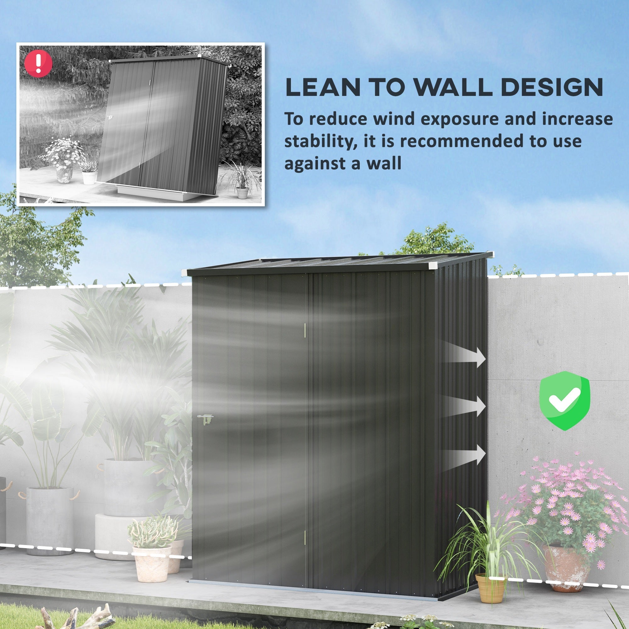 Outsunny Outdoor Storage Shed 5'x3' Steel Garden Tool Shed Lockable Door Backyard Storage Solution Charcoal Black