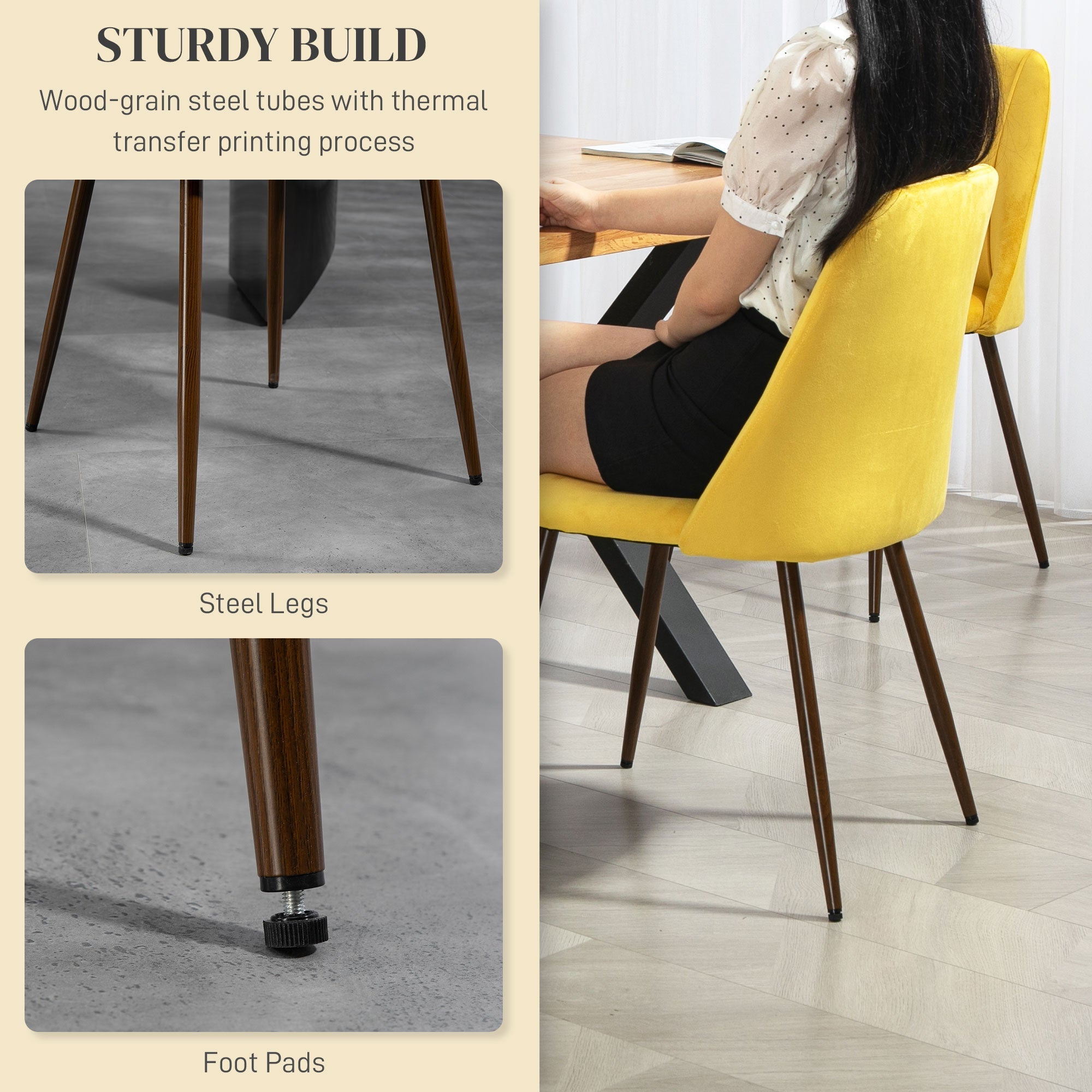 HOMCOM Upholstered Dining Chairs Set of 4, Velvet Accent Chair with Back and Wood-grain Steel Leg for Kitchen, Yellow