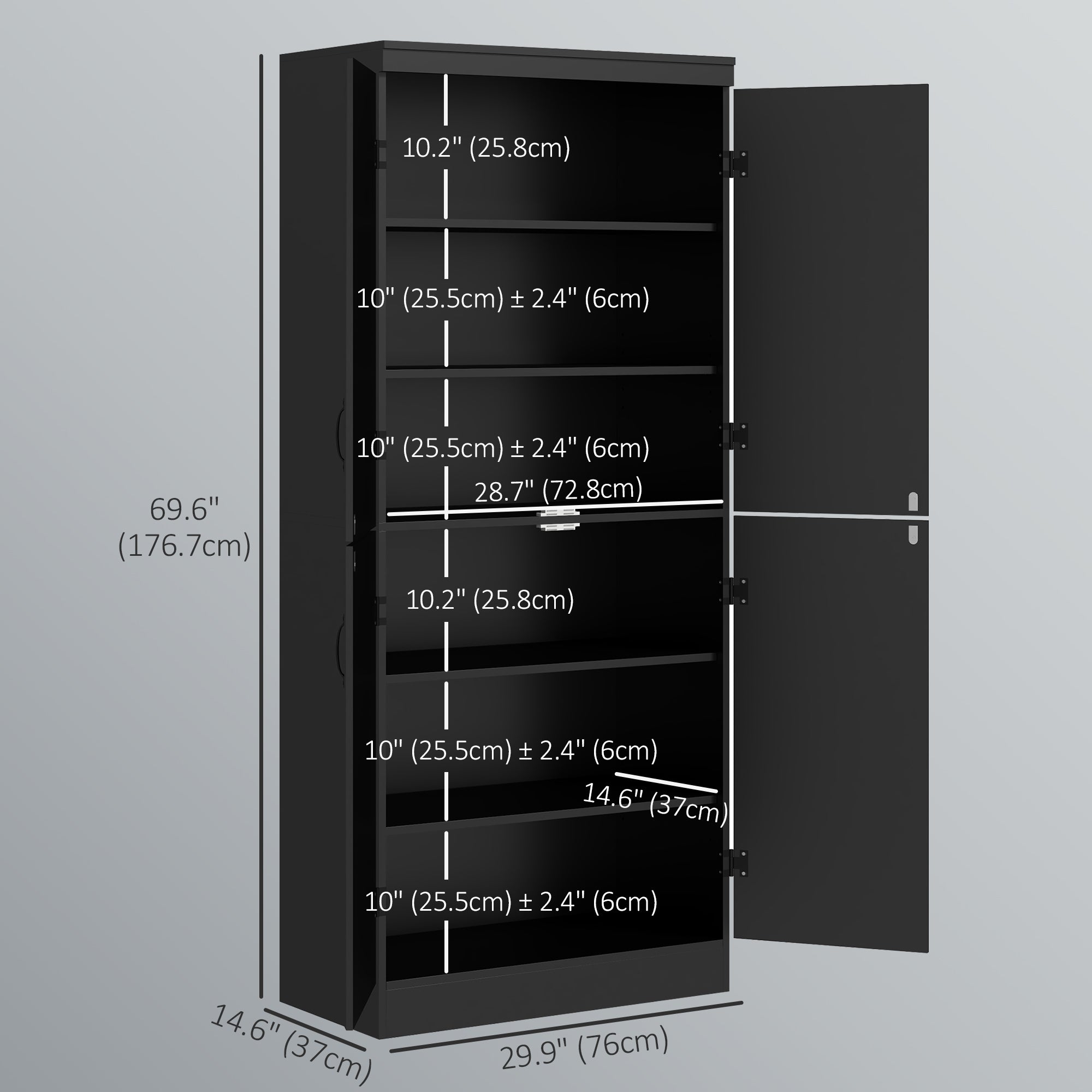 HOMCOM 70" 4-Door Storage Cabinet, Freestanding Pantry Cabinet with Adjustable Shelves for Living Room, Black