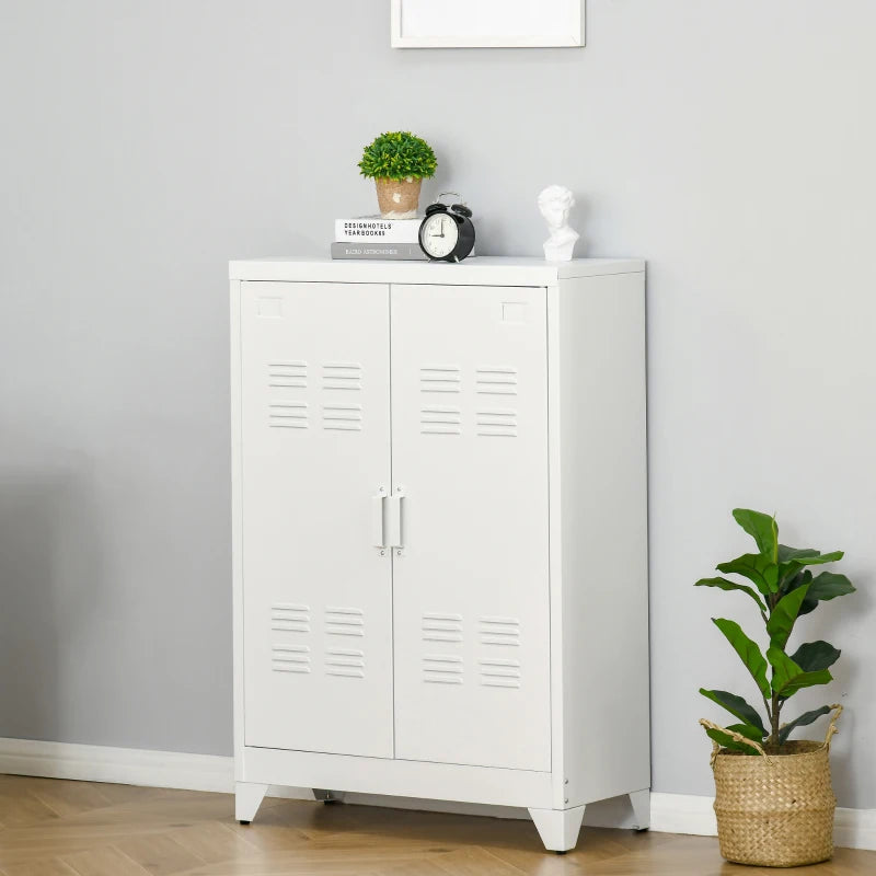 Metal Storage Cabinet, Industrial Sideboard Buffet Cabinet with 2 Louvered Doors, Adjustable Shelves, White