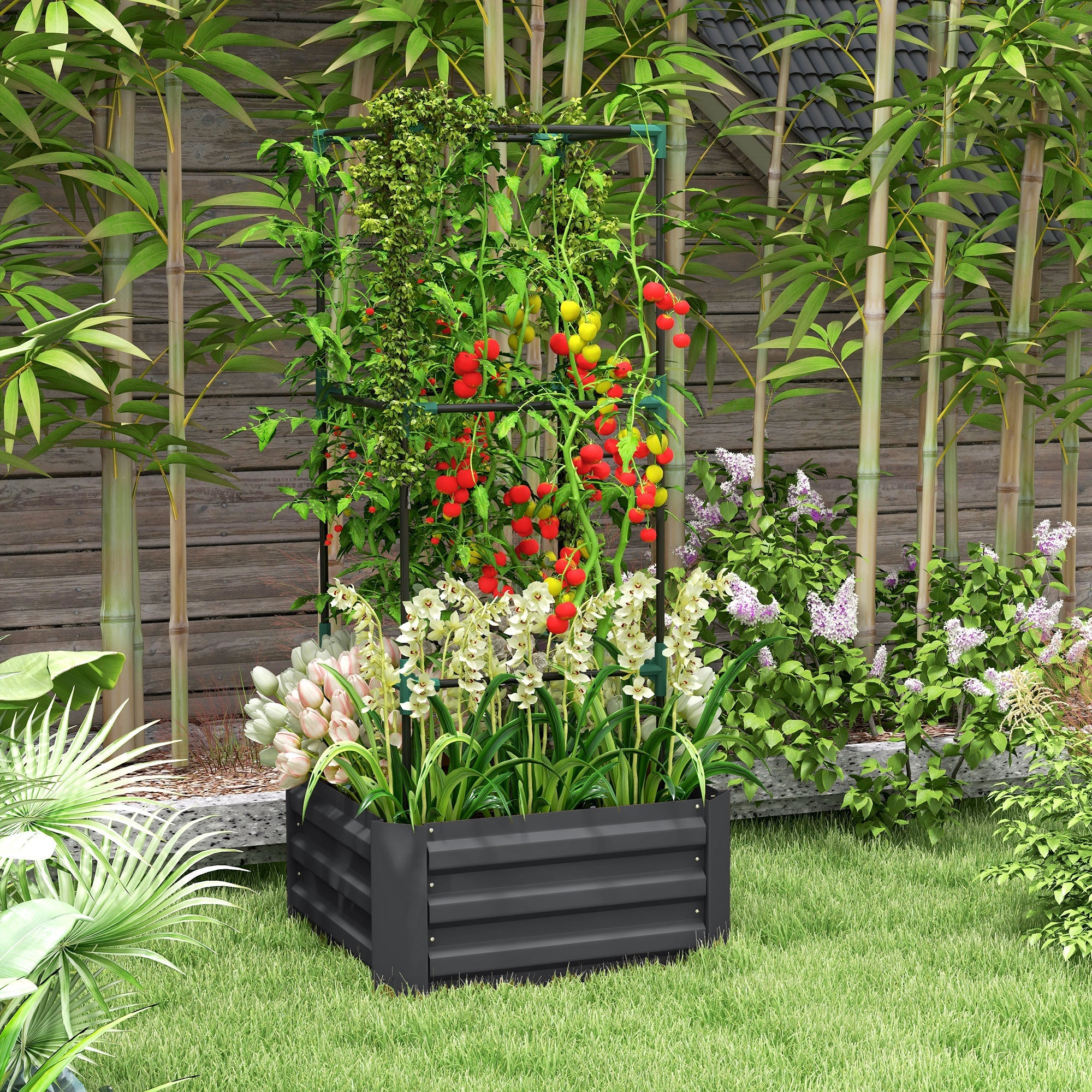 Outsunny Galvanized Planter Box with 3-Tier Trellis in Grey - Outdoor Raised Garden Bed for Climbing Vines & Vegetables