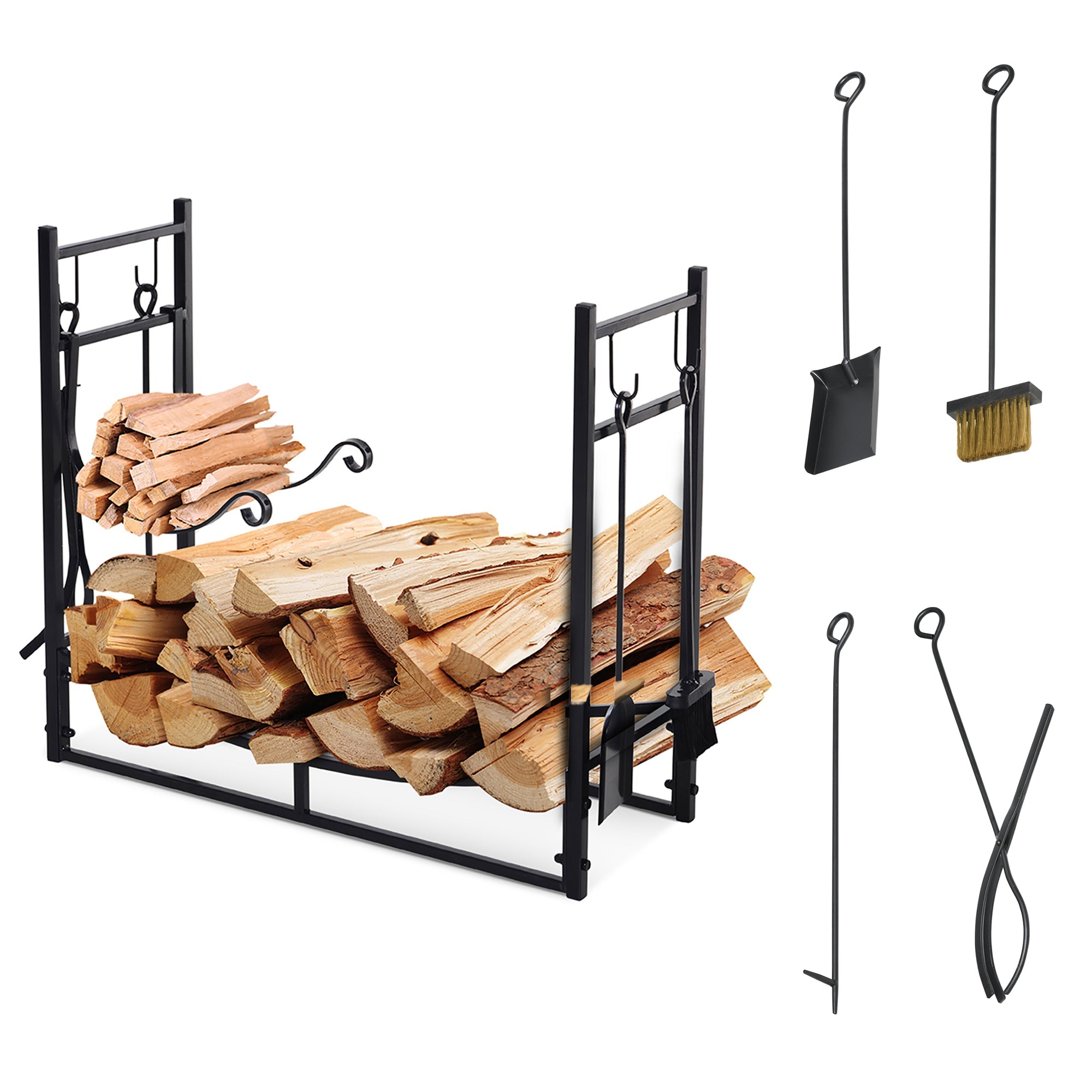 Outsunny 33" 2-Tier Firewood Rack with Tools, Fireplace Wood Storage, Includes Shovel, Broom, Poker, Tongs