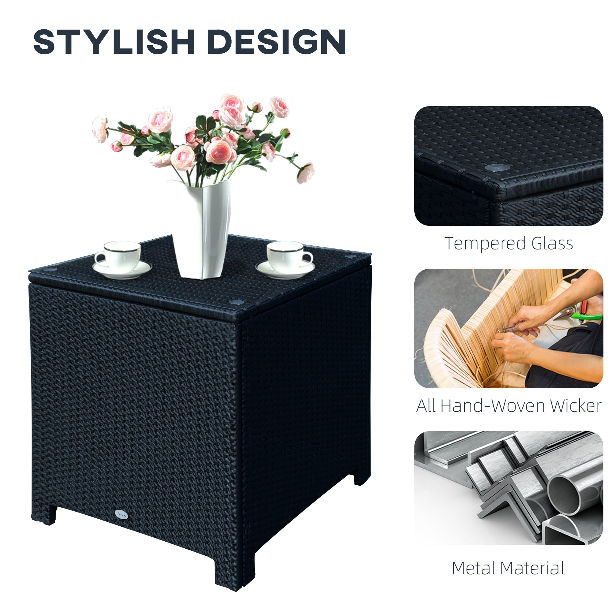 Outsunny Rattan Wicker Side Coffee Table w Glass Top Outdoor Patio Furniture Black