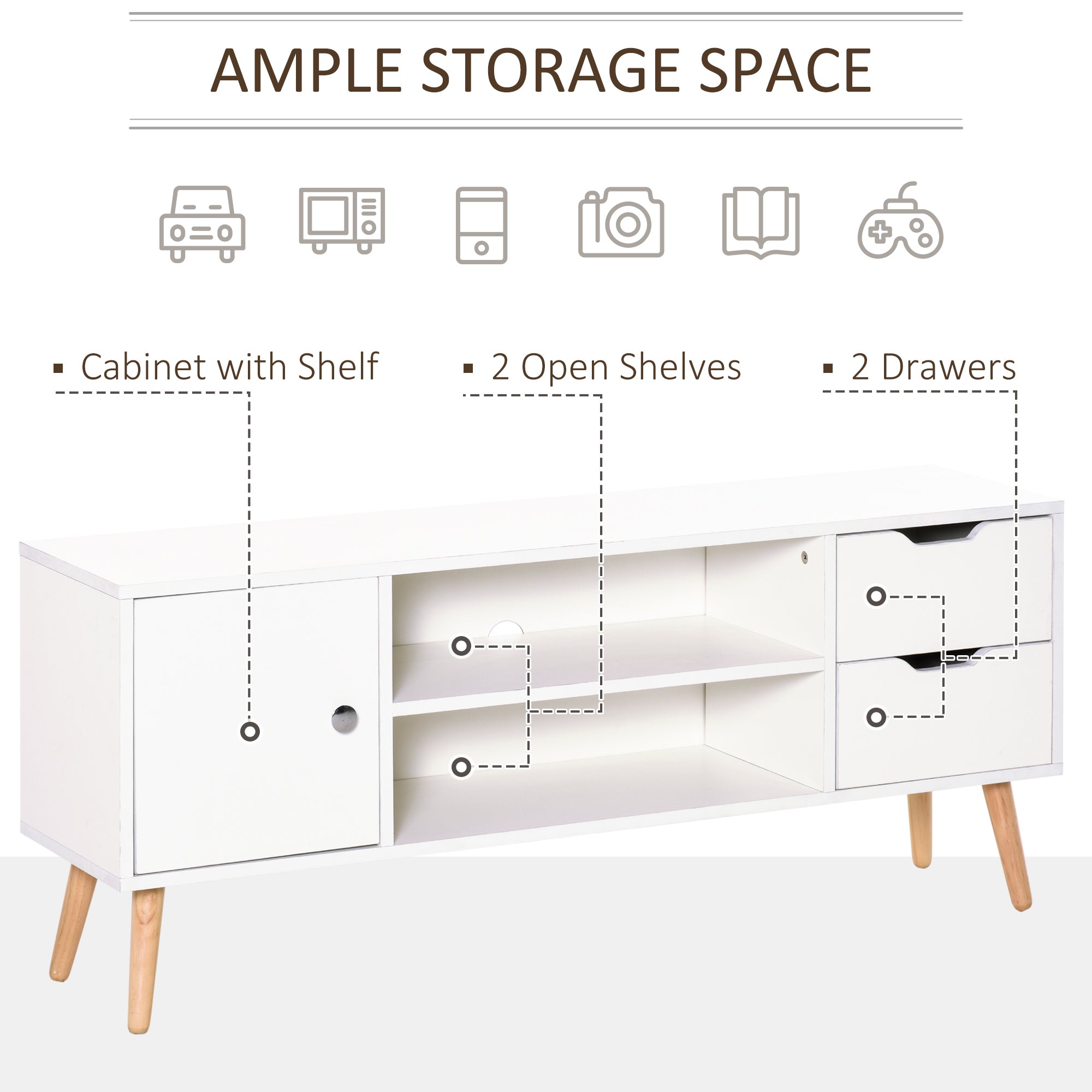HOMCOM TV Cabinet: For up to 50" TVs, Shelves, Drawers, Cable Hole, White Entertainment Unit, Living Room