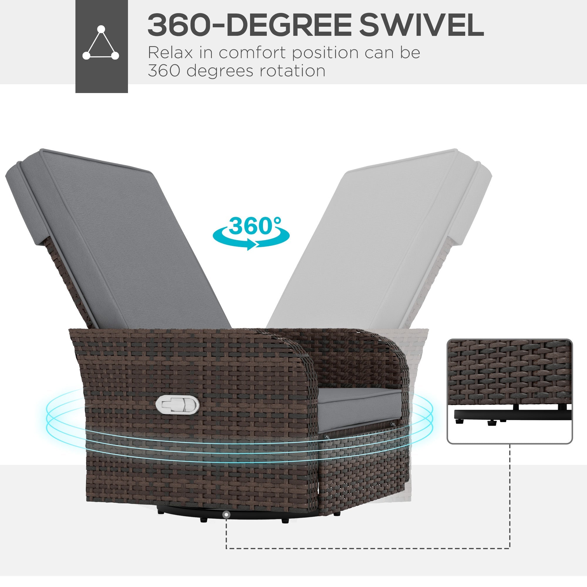 Outsunny Wicker Swivel Chair with Cushion Patio Recliner Chair Grey
