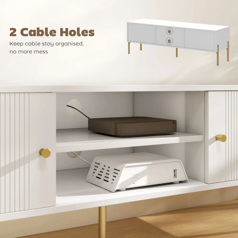 TV Stand for TVs up to 65", Entertainment Center with 2 Open Shelves, 2 Cabinets and Steel Legs for Living Room, White