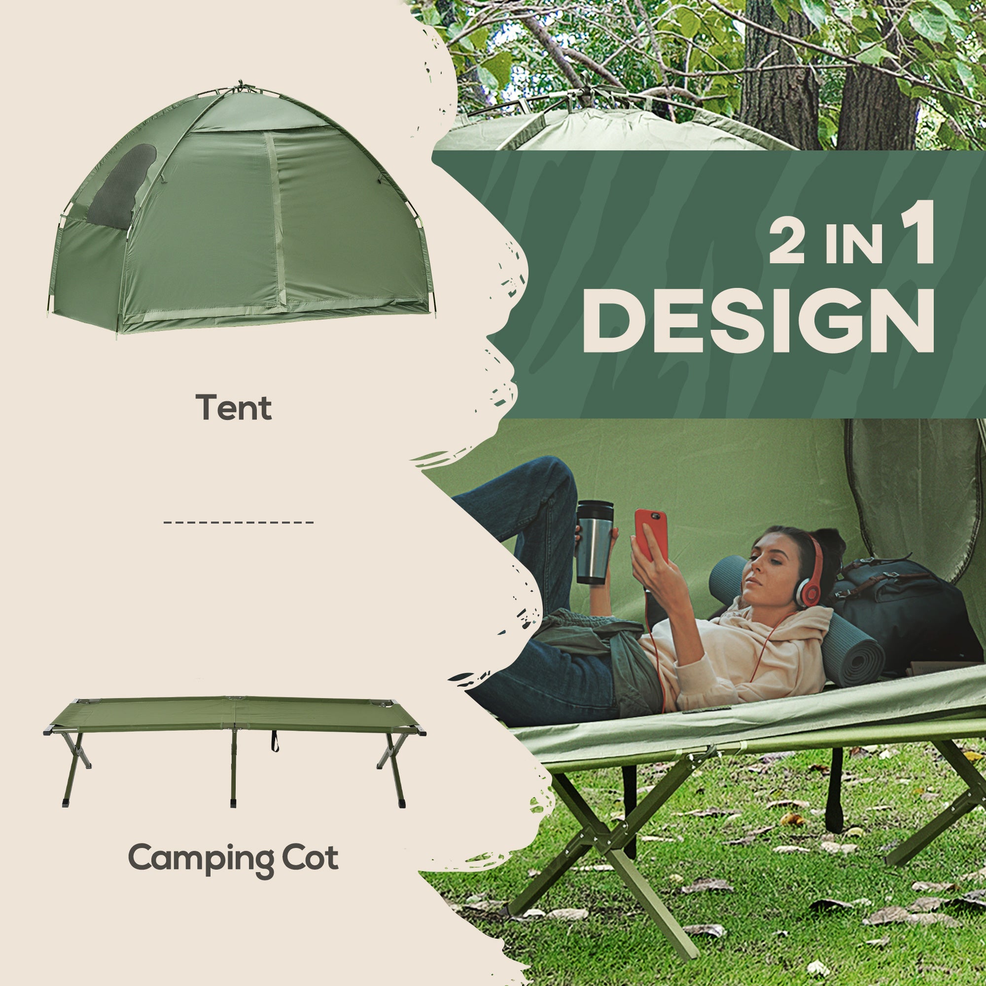 Outsunny Pop Up Camping Cot Tent Combo Set Portable Folding Outdoor Elevated Bed Dark Green