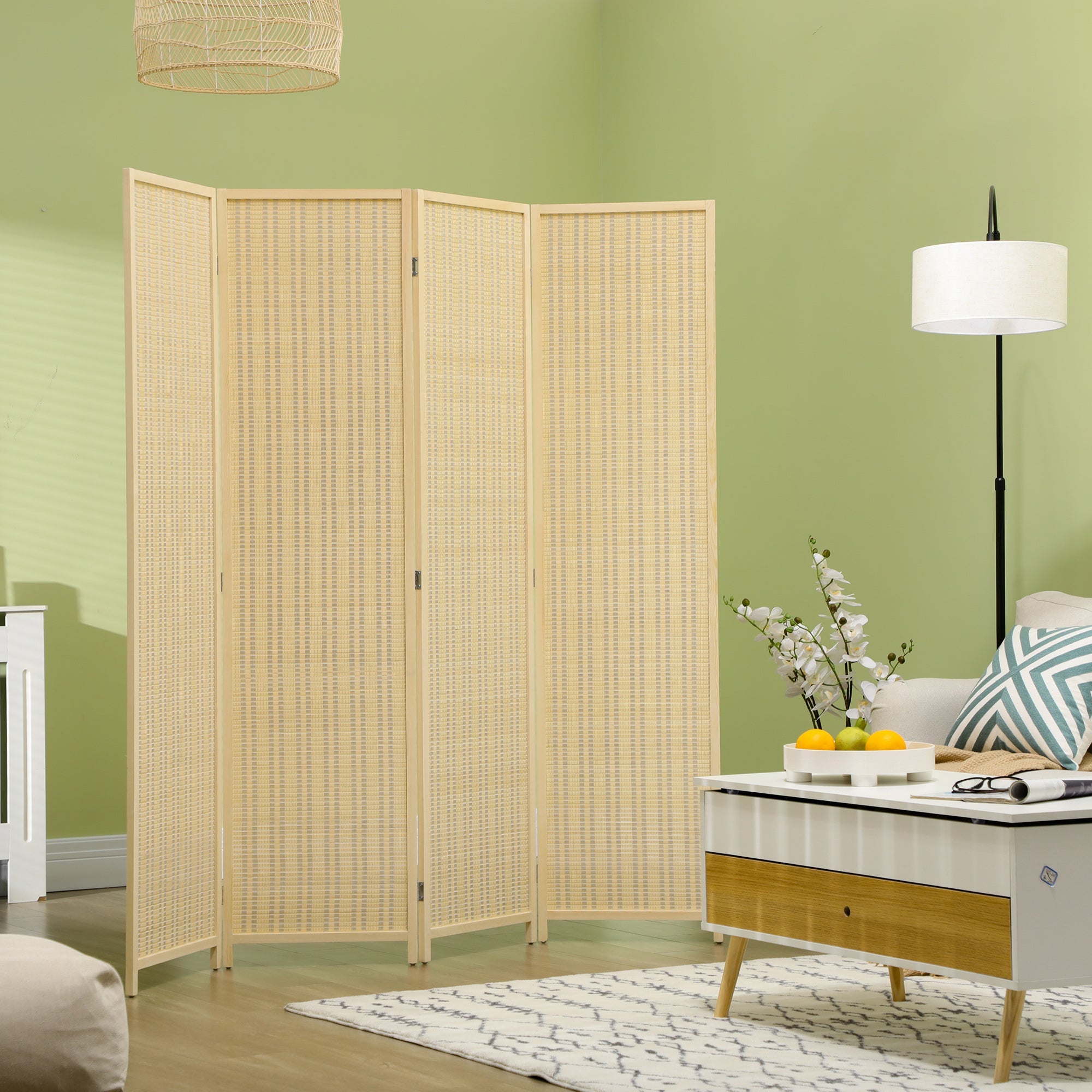 HOMCOM Woven Bamboo Room Divider: 4-Panel Folding Indoor Privacy Screens for Home Office, 71"x71"x0.6", Natural