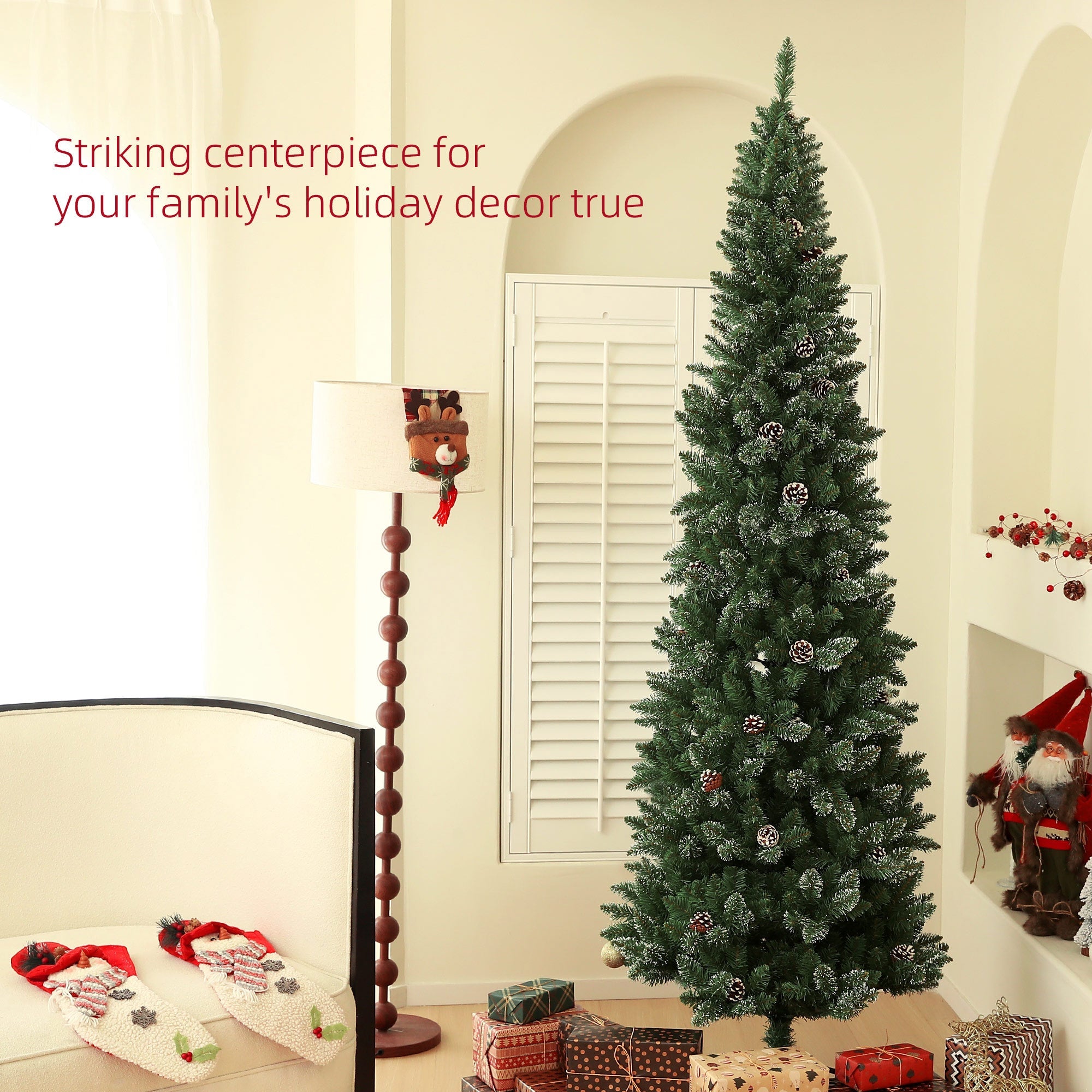 HOMCOM 7ft Artificial Pencil Christmas Tree with 980 Branches, Pinecones, Metal Stand, Realistic Xmas Tree for Home
