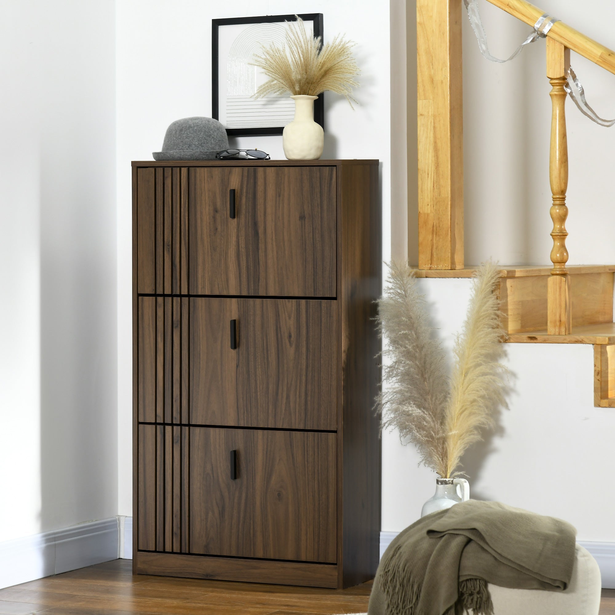 HOMCOM Shoe Organizer Cabinet: 18 Pairs, Walnut, 3 Flip Drawers, Adjustable Shelves, Space Saving