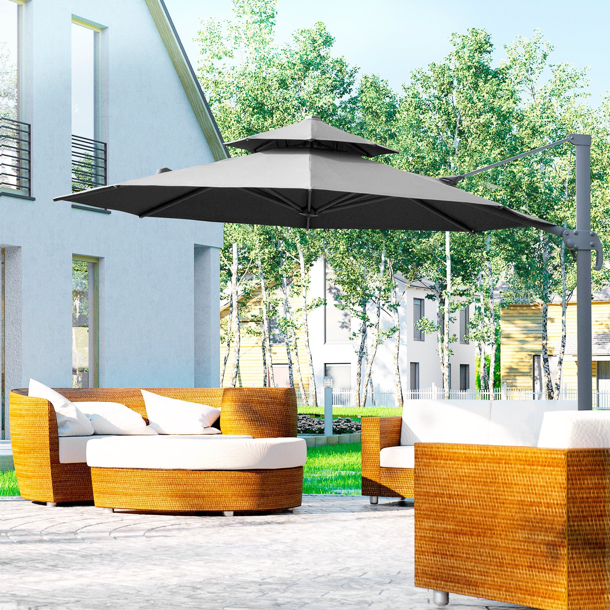 Outsunny 11ft Outdoor Cantilever Umbrella Sun Shade with Rotatable Double-top Canopy Adjustable Angle for Garden Lawn