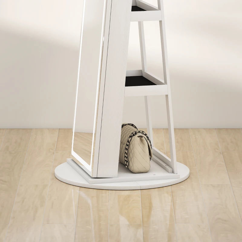Jewelry Cabinet with Full Length Lockable Mirror, Standing Jewelry Armoire Organizer with LEDs, White