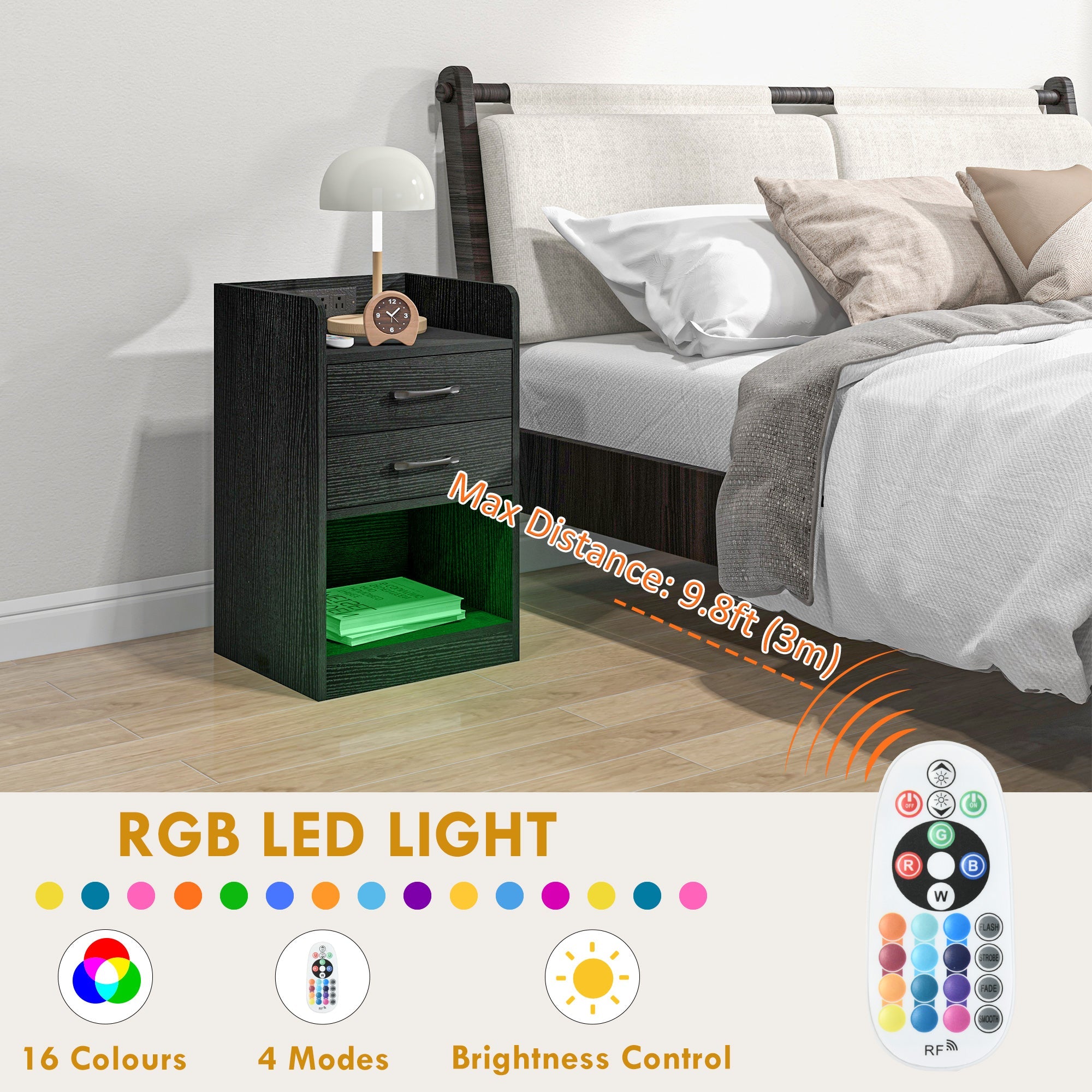 HOMCOM Charging Nightstand: LED Lights, AC Outlets, USB Ports, 2 Drawers, Shelf, Modern Bedroom Furniture, Black