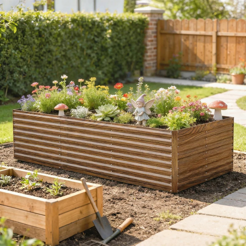8' x 4' x 2' Raised Garden Bed, Galvanized Planter Box for Growing Flowers, Herbs and Vegetables Dark Brown Wood Effect