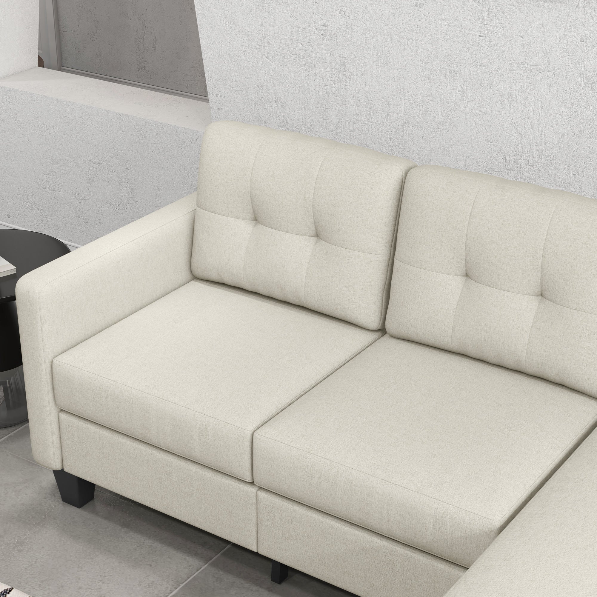 HOMCOM L-shaped Sofa, 3 Seater Sectional Couch with Ottoman, Corner Sofa with Thick Padded Cushion and Wood Legs, Beige