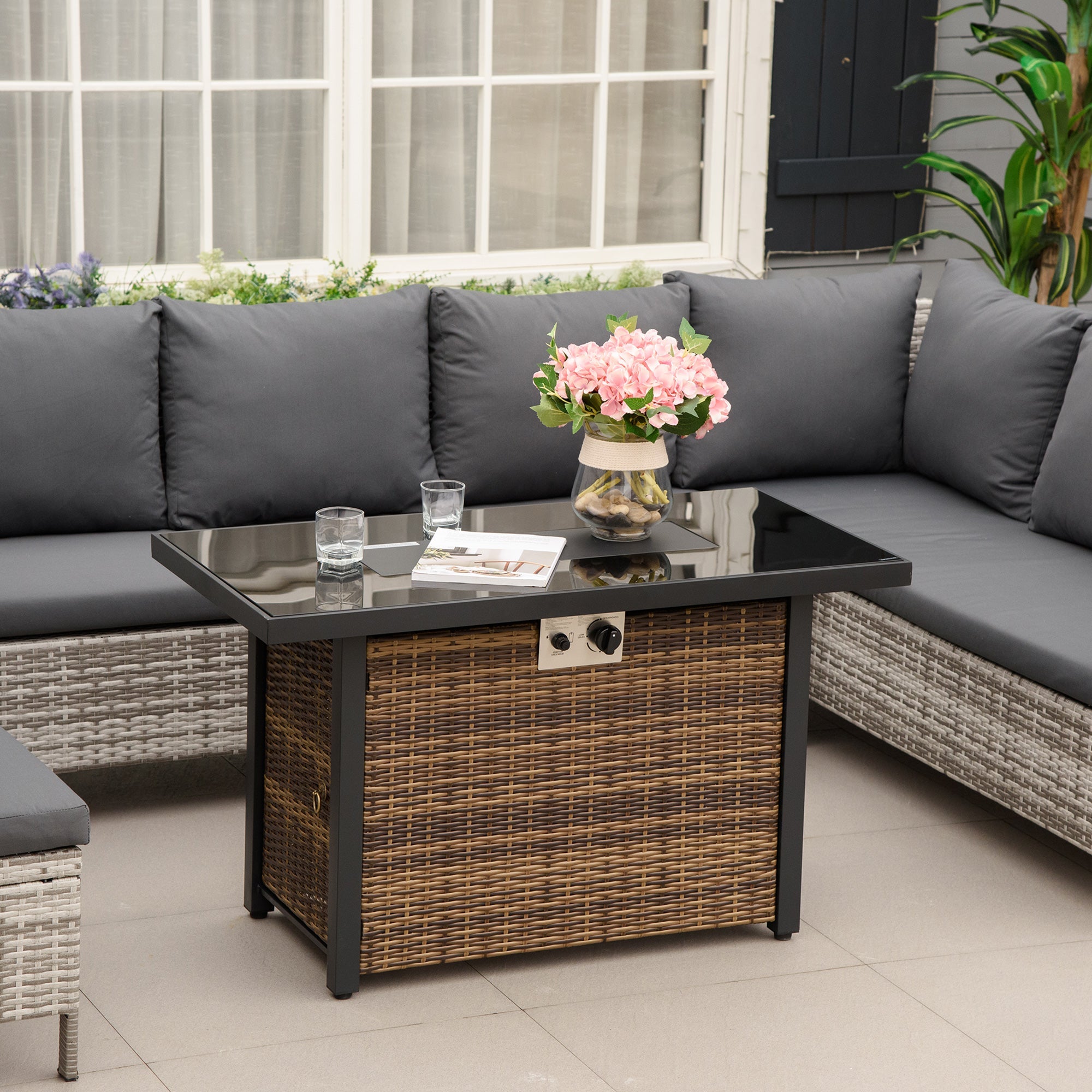 Outsunny Propane Fire Pit Table 43in Outdoor Square Fire Table, 50,000 BTU Pulse-Ignition Wicker Firepit Furniture Wind Guard