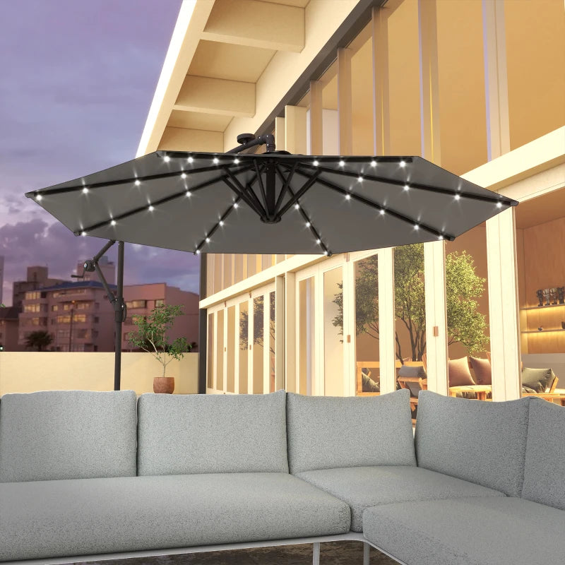 9.5' Offset Patio Umbrella Garden Parasol with Solar LED Lights and Weights, Dark Grey