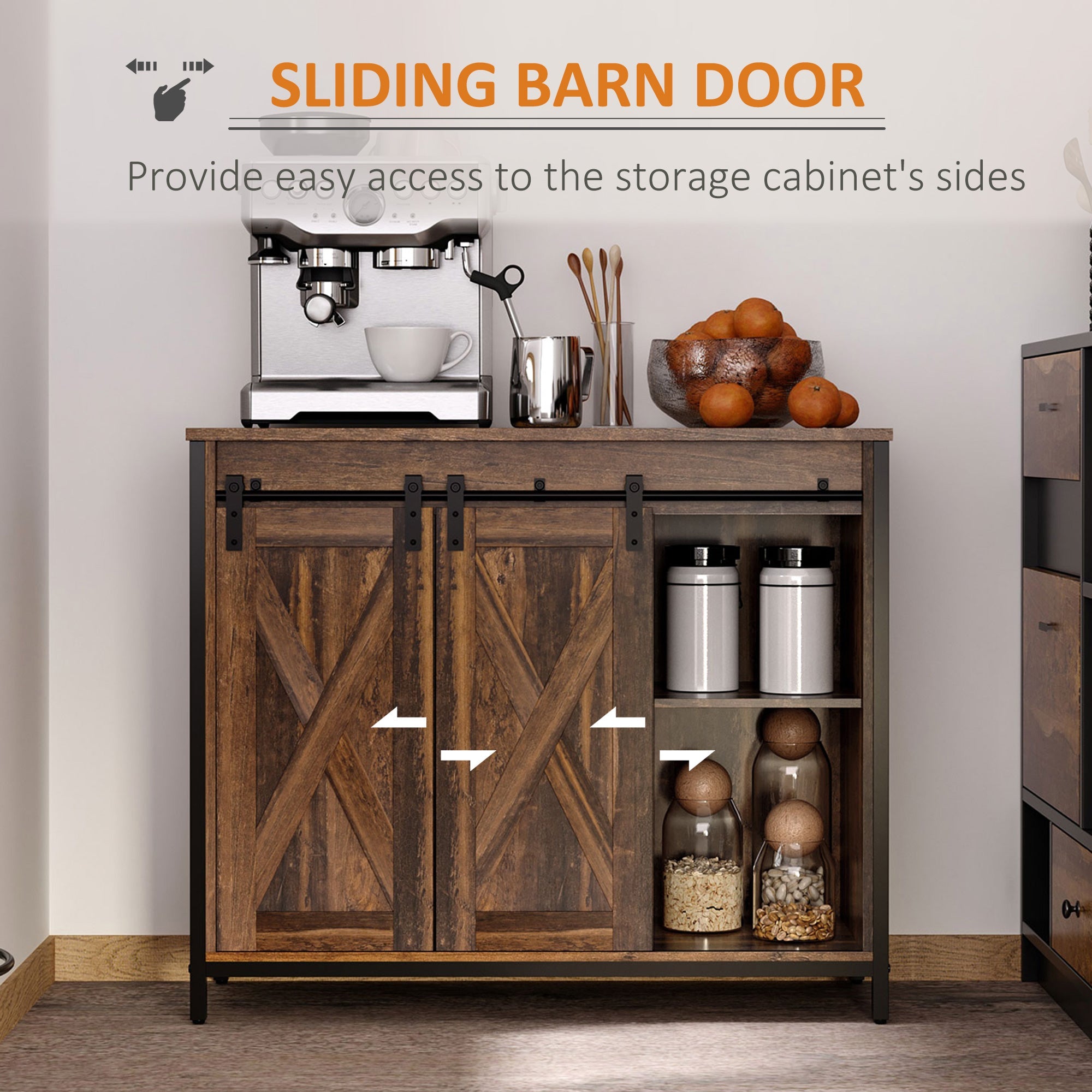 HOMCOM Industrial Chic: Sideboard Buffet Cabinet with Sliding Barn Doors, Adjustable Shelves, Brown Finish for Living Room