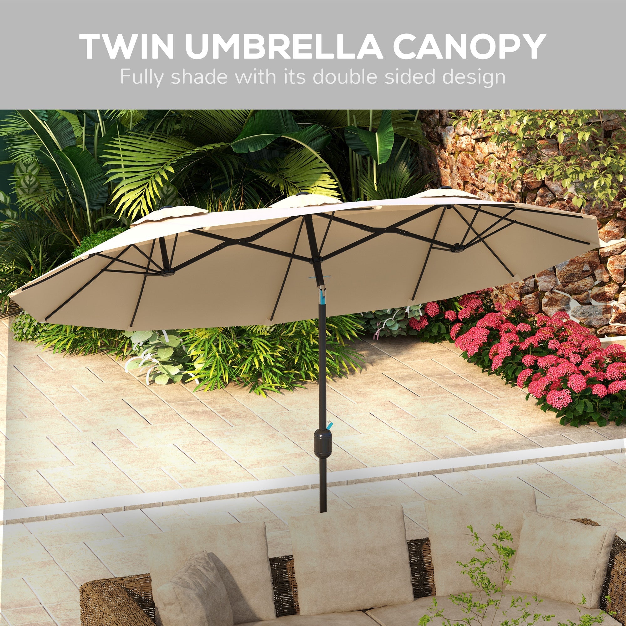 Outsunny 9.5' Double-sided Outdoor Patio Umbrella with Tilt, Crank and Vents, Brown