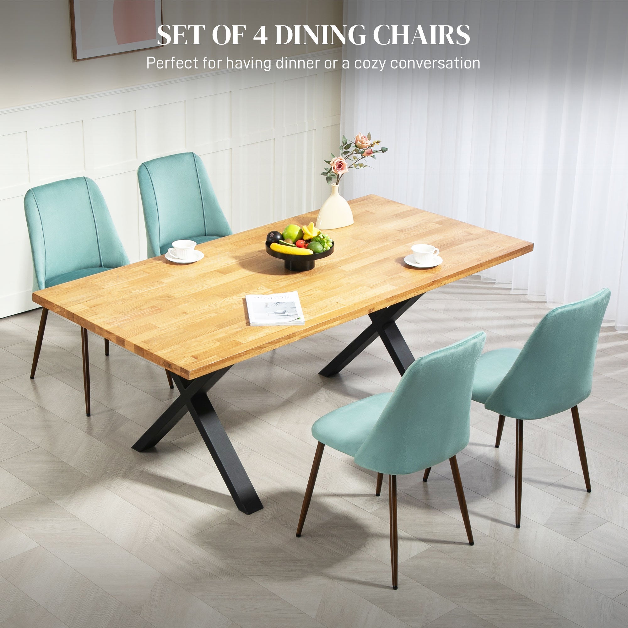 HOMCOM Upholstered Dining Chairs Set of 4, Velvet Accent Chair with Back and Wood-grain Steel Leg for Kitchen, Light Green