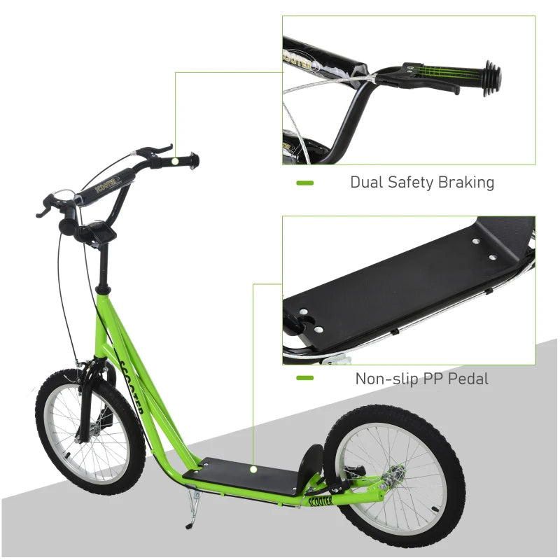 Aosom Kids Kick Scooter for 5+ Year Old, Kids Ride on Toy w/ 16'' Inflatable Wheel Dual Brakes, Green