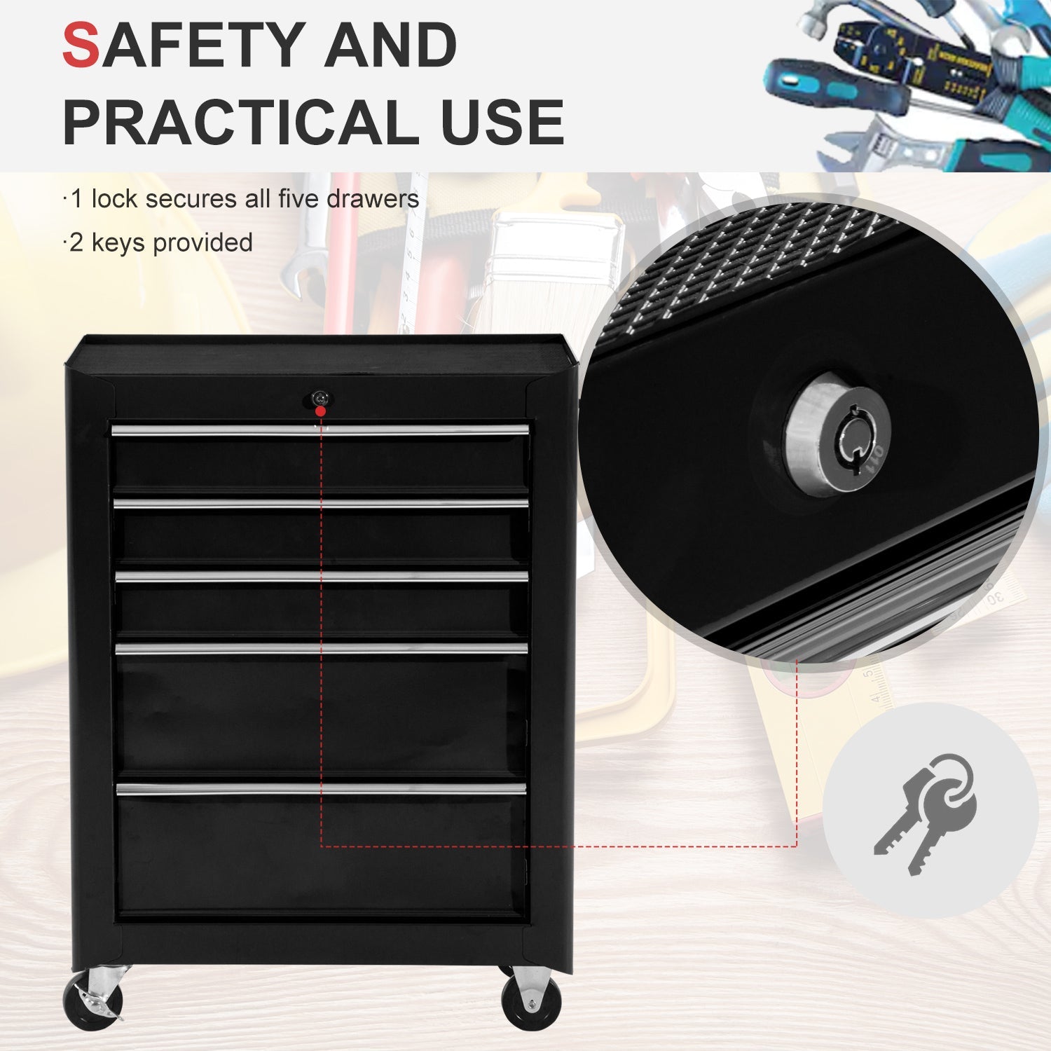 HOMCOM 5-Drawer Rolling Tool Cabinet on Wheels, Lockable Tool Chest, Tool Organizer for Garage, Factory and Workshop, Black