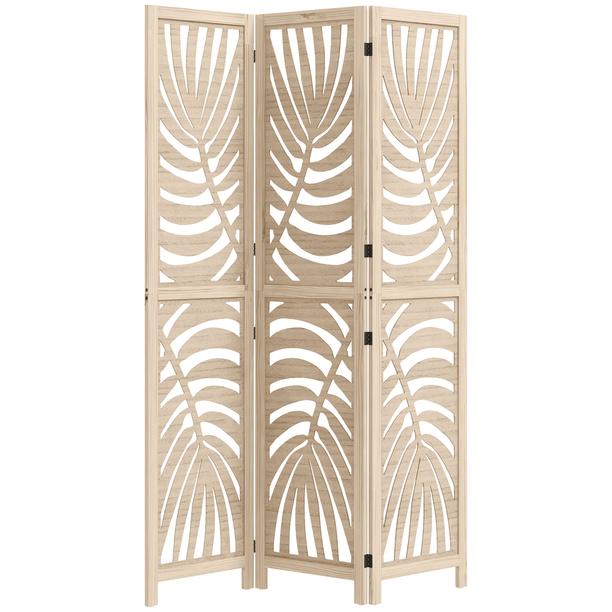 HOMCOM 3 Panel Room Divider, Detachable Folding Privacy Screens with Palm Leaf Design for Home Office, Natural Wood Finish