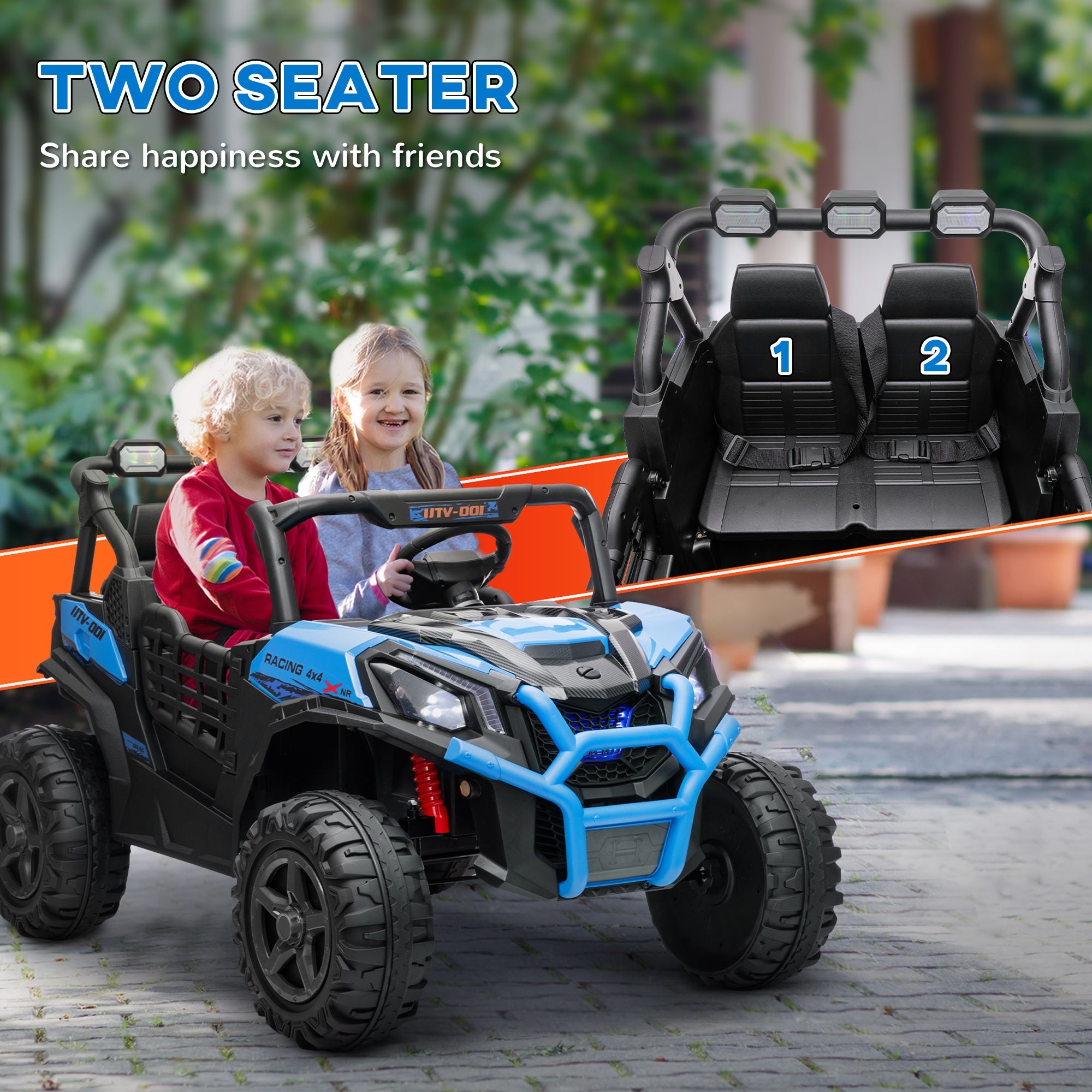 Qaba 2 Seater 24V Electric Car for Kids w/ Remote Control, 3 Speed, LED Lights, Music, Horn, Spring Suspension, Blue