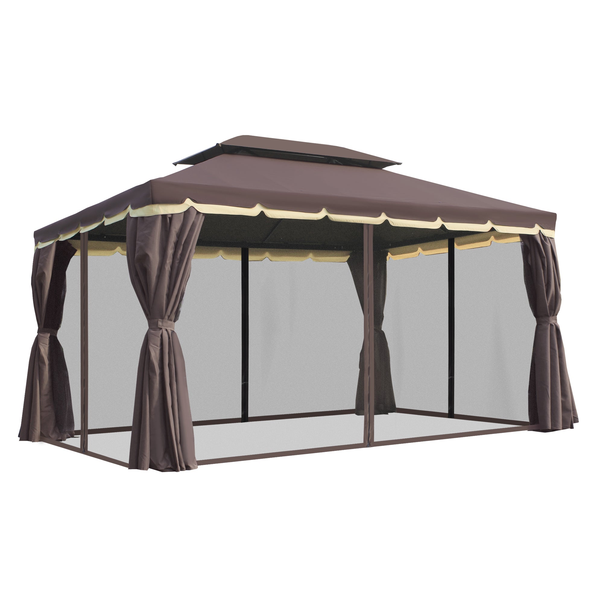 Outsunny Aluminum Frame Gazebo Canopy 10x13ft Double Tier Garden Shelter with Netting Curtains Coffee