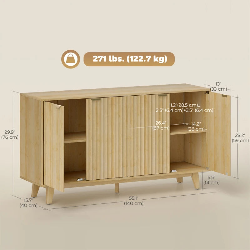 Fluted Sideboard Buffet Cabinet, 55" Coffee Bar Cabinet with 4 Doors, 2 Adjustable Shelves, 5 Wood Legs, Nature Wood