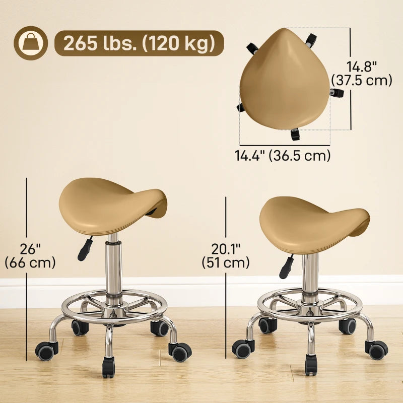 Saddle Stool, PU Leather Adjustable Rolling Salon Chair, Light Brown