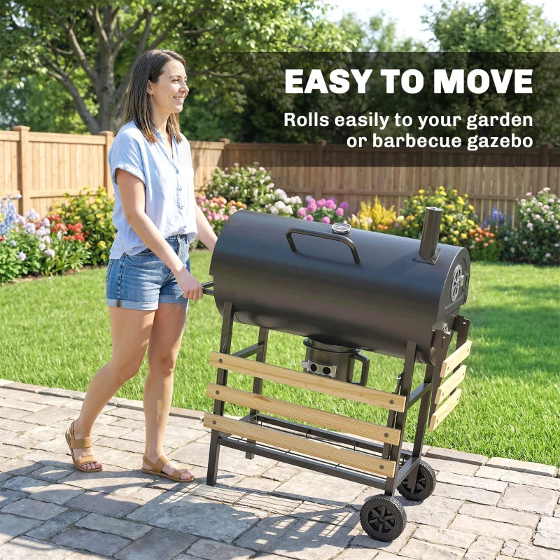 Charcoal BBQ Grill with Foldable Shelves, Barbecue Grill with Warming Rack, Thermometer, Wheels, Natural Wood and Black