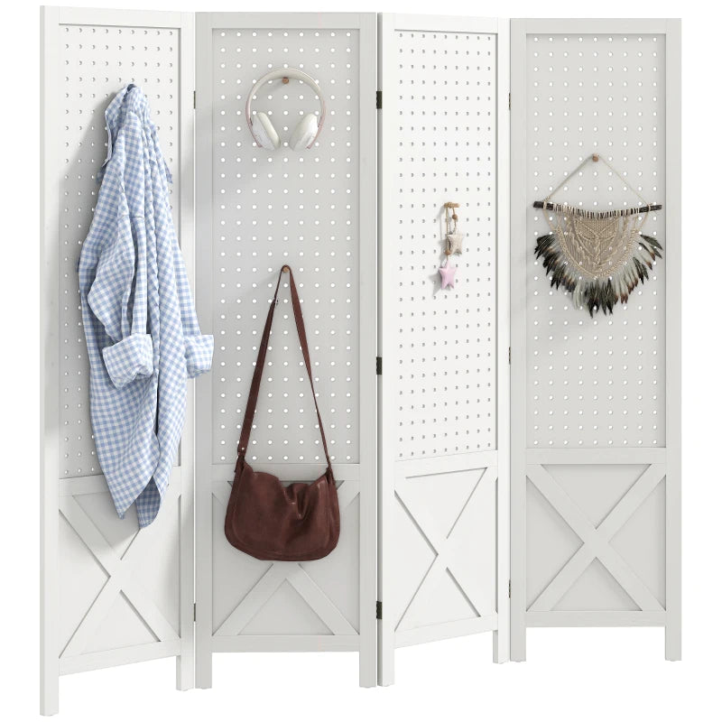 56.9" 4 Panel Wooden Room Divider with Pegboard Display, Folding Privacy Screen for Home Office, White
