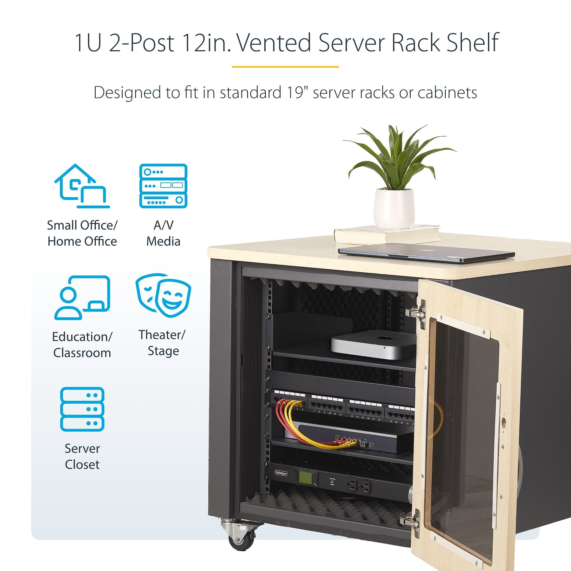 1U Vented Server Rack Shelf, 12in/31.5cm Mounting Depth, Cantilever Tray For 19" Rack/Cabinet, SPCC Steel, Max 25lb/11.3kg, Includes Cage Nuts/Screws