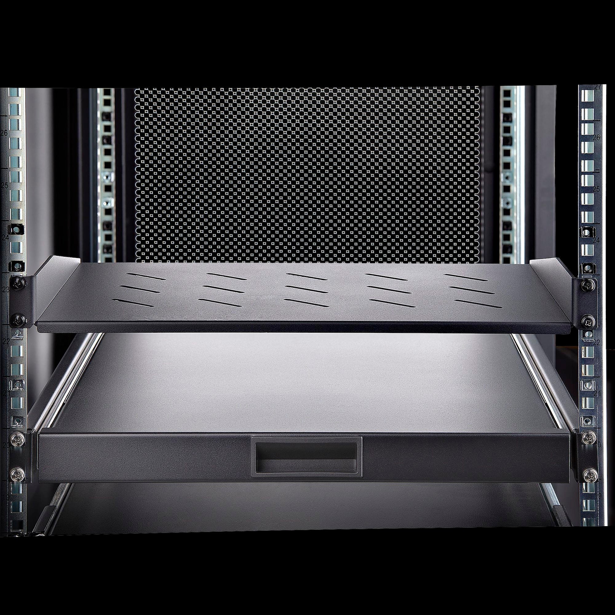 1U Vented Server Rack Shelf, 12in/31.5cm Mounting Depth, Cantilever Tray For 19" Rack/Cabinet, SPCC Steel, Max 25lb/11.3kg, Includes Cage Nuts/Screws