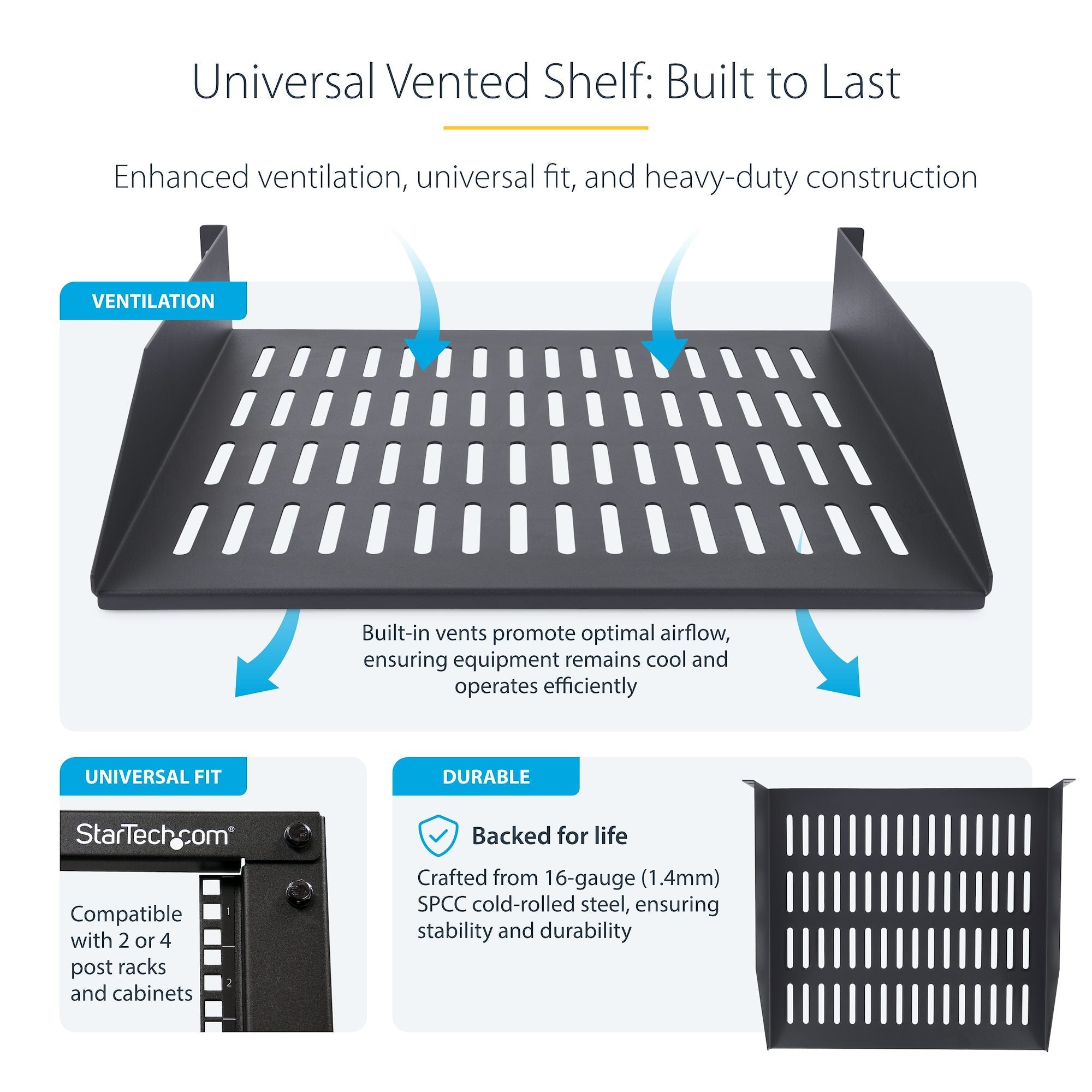 2U Vented Server Rack Shelf, 16in (41.5cm) Mounting Depth, Cantilever Tray For 19" Rack/Cabinet, SPCC Steel, Max 44lb/20kg, Includes Cage Nuts/Screws