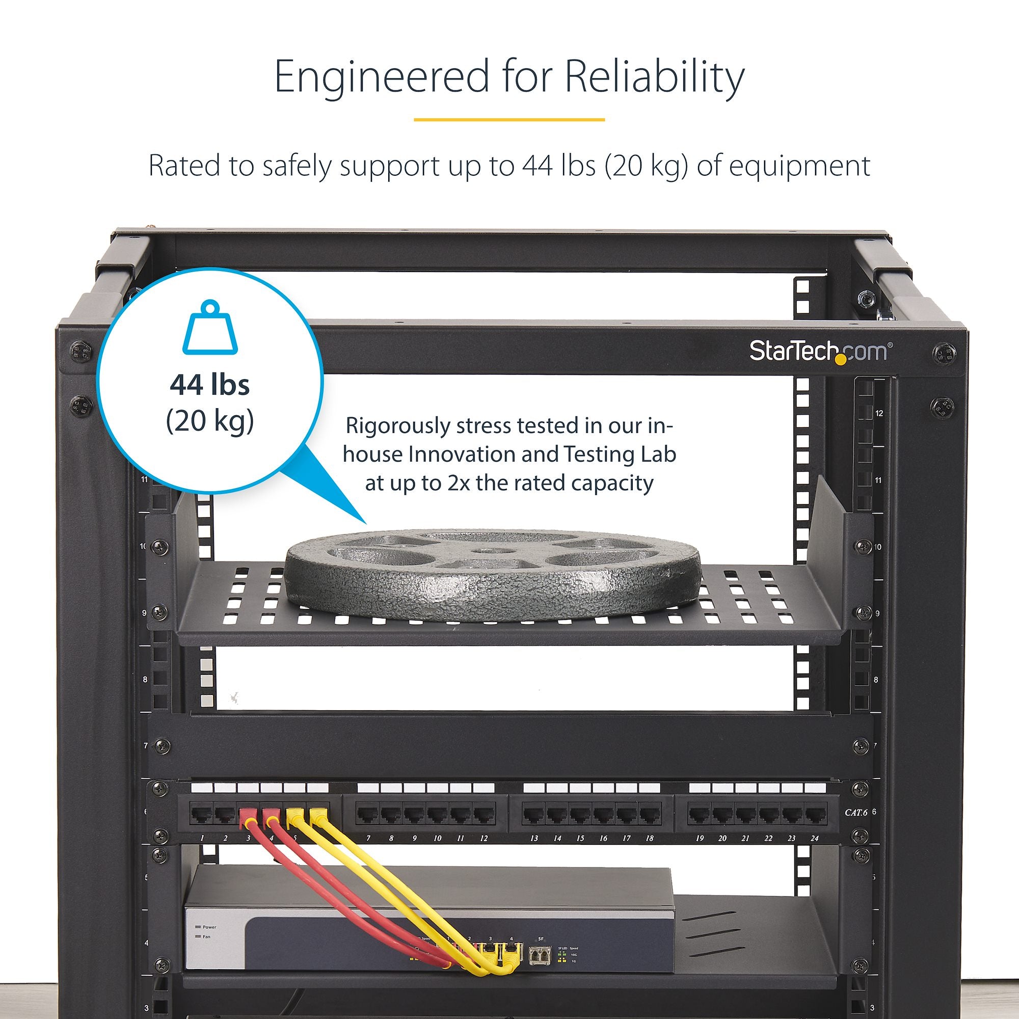 2U Vented Server Rack Shelf, 16in (41.5cm) Mounting Depth, Cantilever Tray For 19" Rack/Cabinet, SPCC Steel, Max 44lb/20kg, Includes Cage Nuts/Screws