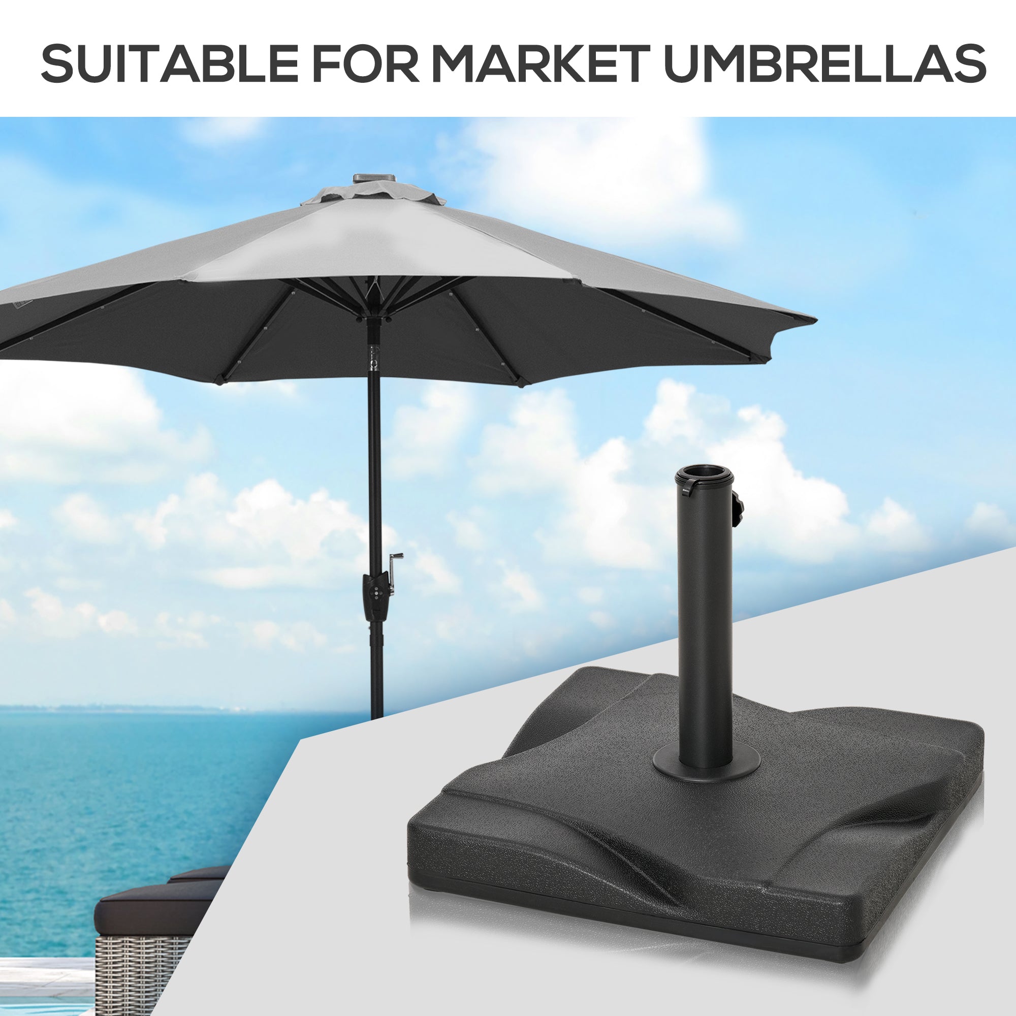 Outsunny Square Solidity: Cement Parasol Base, Outdoor Garden Patio Umbrella Stand Holder, Fits Φ32mm Φ38mm Φ48mm Pole, Black Finish