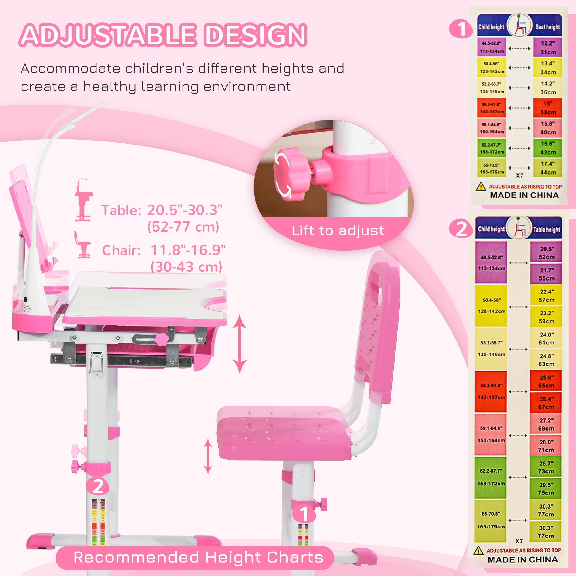 Qaba Kids Desk and Chair Set Height Adjustable Student Writing Desk Children School Study Table with Tilt Desktop, Pink