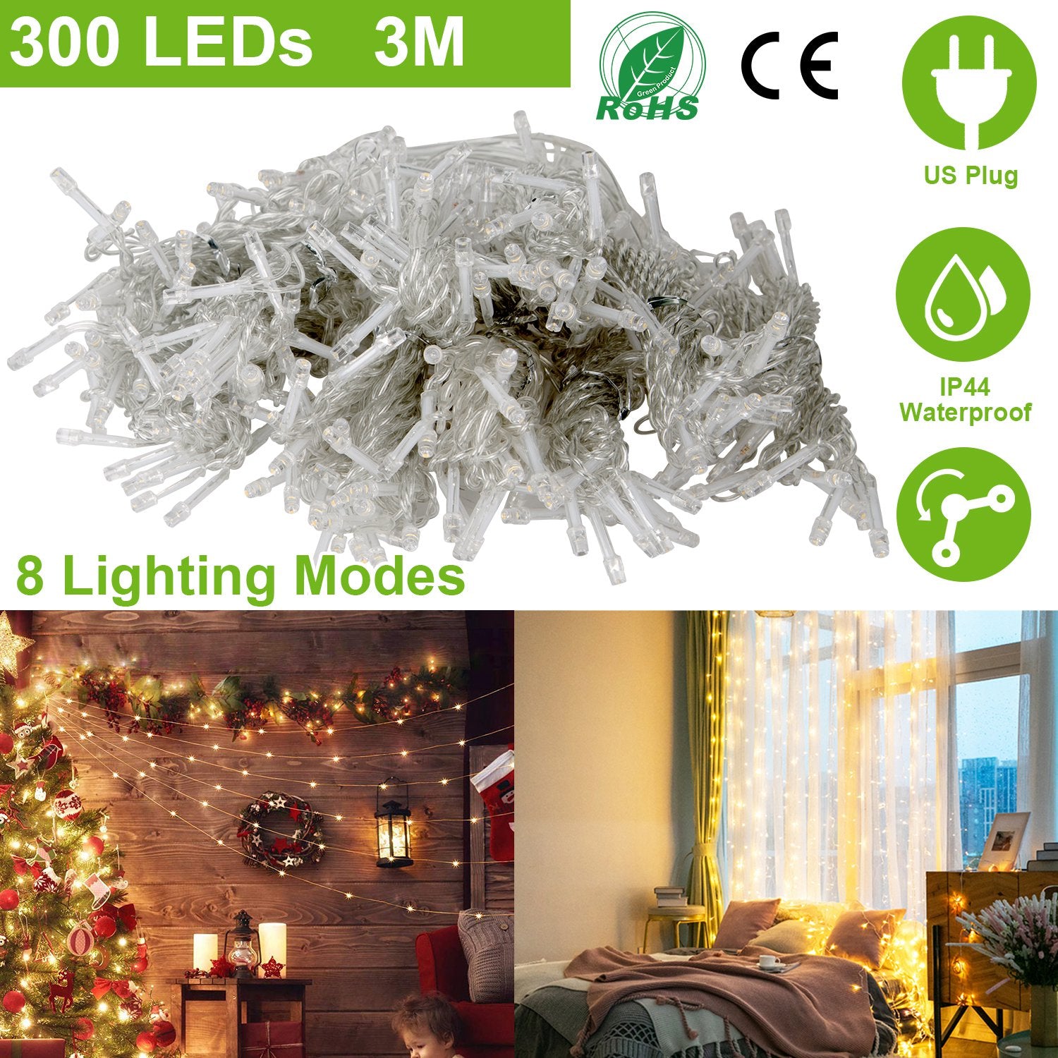 3M 300 LEDs String Curtain Light IP44 String Fairy Lights Party Xmas Decor Lamps W/ Remote