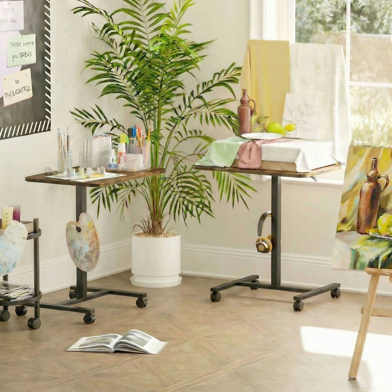 Height Adjustable Standing Desk, Pneumatic Sit Stand Desk with Wheels and Headphone Hook, Rustic Brown