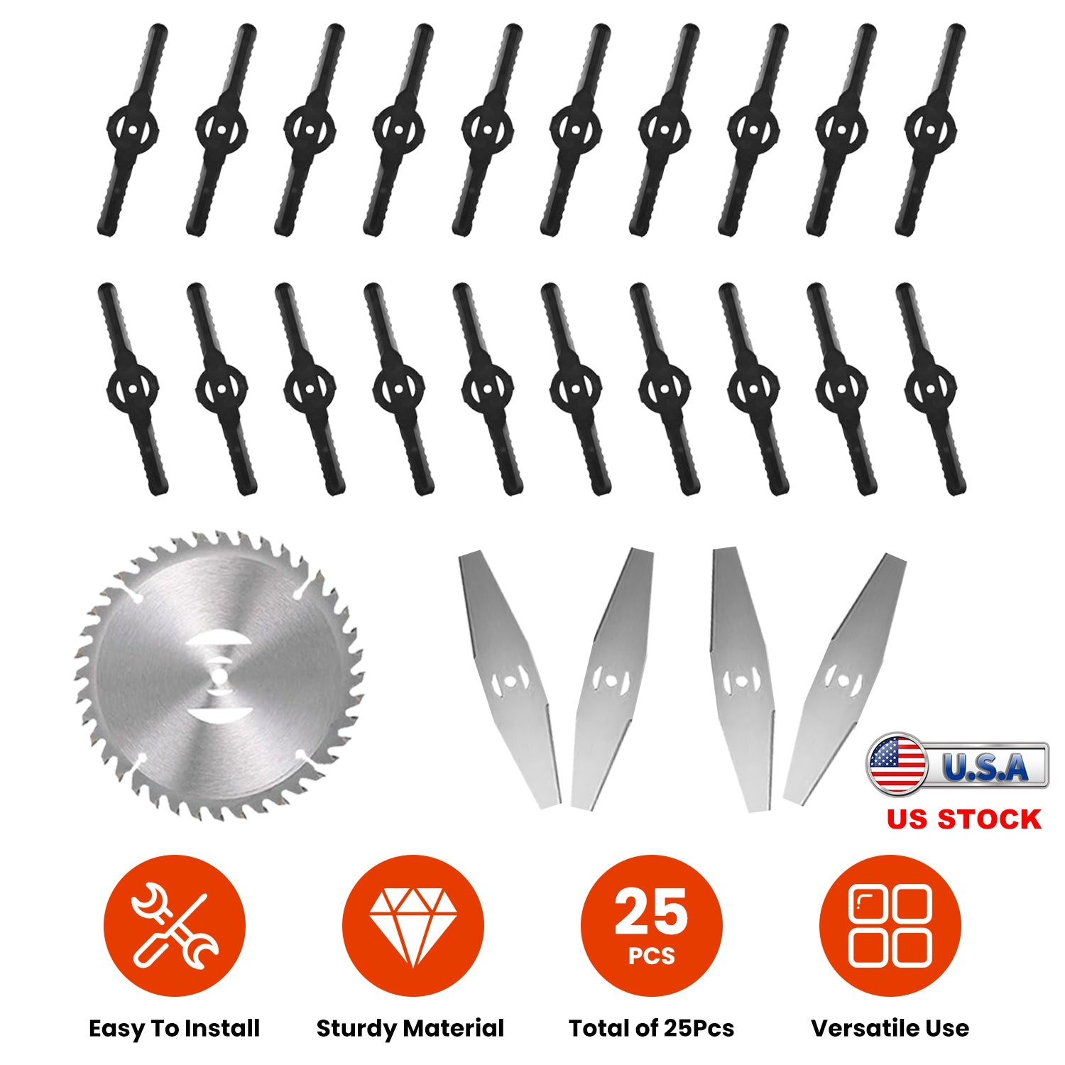 25Pcs Trimmer Blades Head Replacement Set 1Pc 5.91” Alloy Blade 4Pcs 5.71” Stainless Steel Blades 20Pcs 5.31” Plastic Blades For Cordless Weed Trimmer
