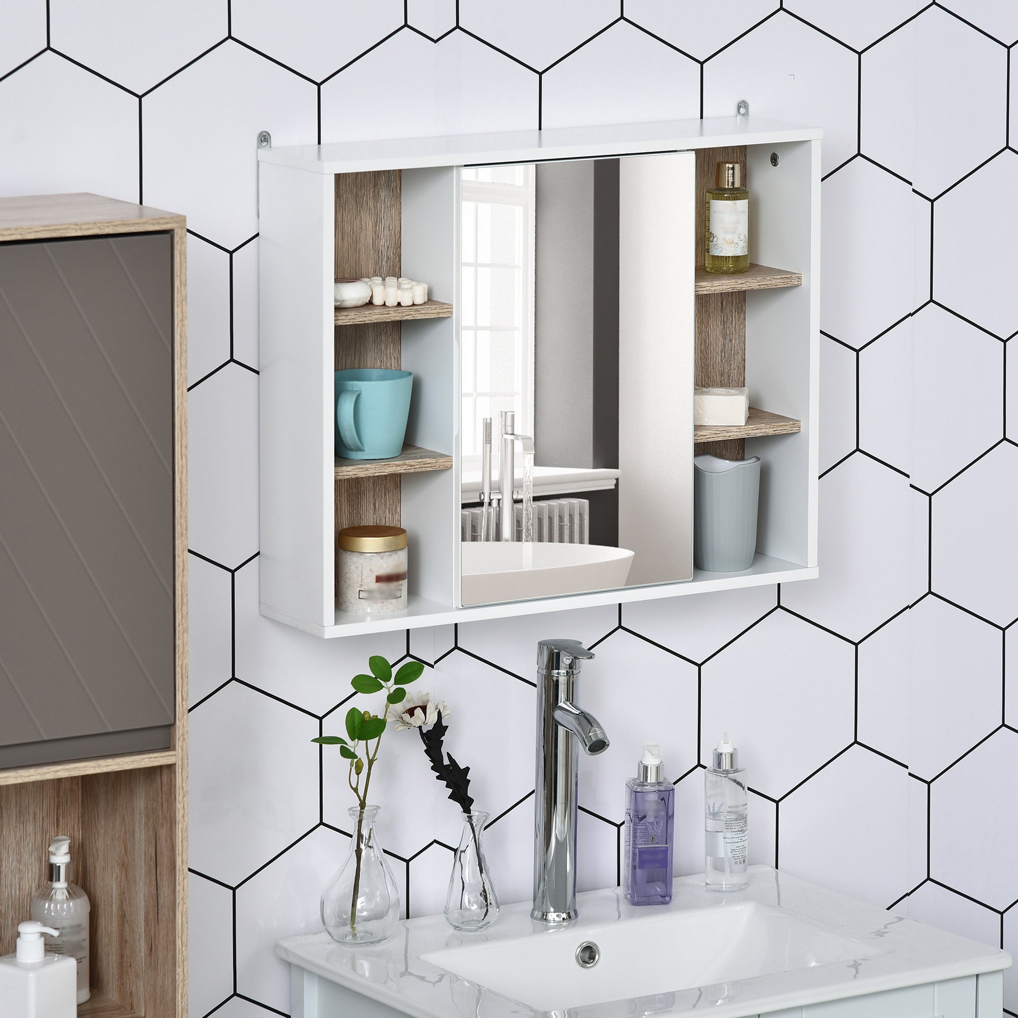HOMCOM White Oak Over Toilet Cabinet: Wall Mounted Bathroom Storage with Mirrored Door for Organized Essentials